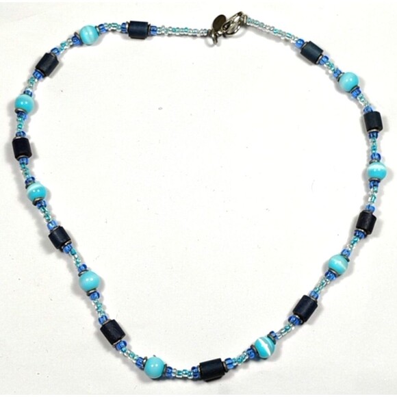 Handmade Blue Beaded Choker Necklace Turquoise Cyan Seed Beads Minimalist - Picture 1 of 4